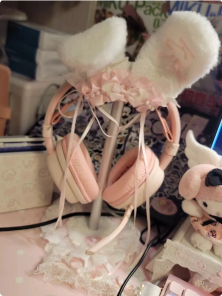 

Head Mounted Headphone Cover Pure White Lace Japanese Made Ribbon Bow Headphone Protective Case Hurricane 3for Airpods Max Y2K
