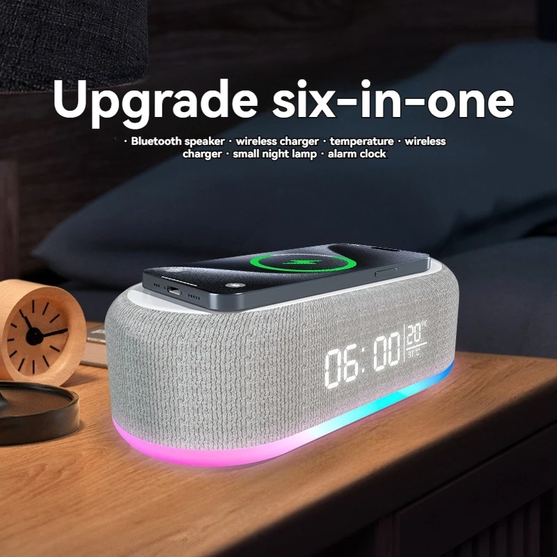 6-in-1 RGB Music Box Clock Alarm Clock Wireless Charging Multi functional Bluetooth Speaker Charger Night Light Thermostat