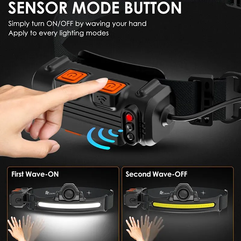 Linterna frontal de inducción recargable por USB, linterna LED COB con Zoom, batería integrada, multifunción, 6 modos