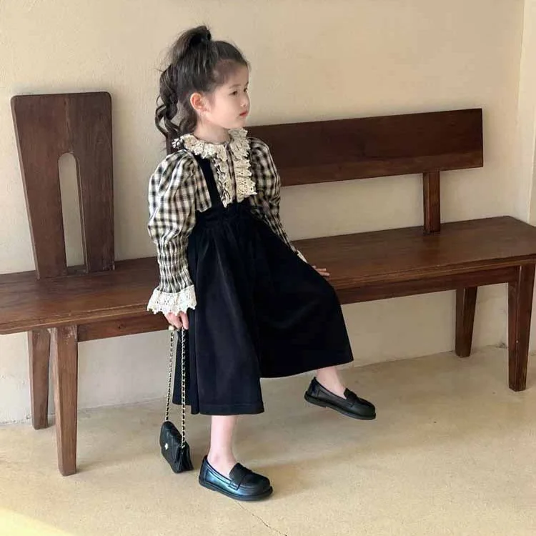 Girls' Set Autumn New Palace Style Sub Shirt+velvet Overalls French British Style Temperament 2-piece Set for Children