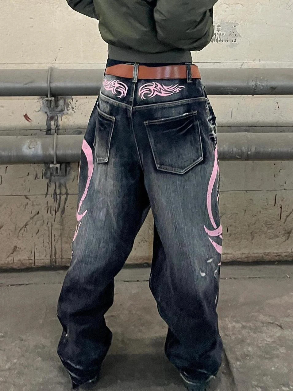 Men's Mottled Totem Print Jeans American Style Old Washed Wide Leg Retro Loose Fashion Trend Wide Leg Jeans Goth Pant Y2K Unisex