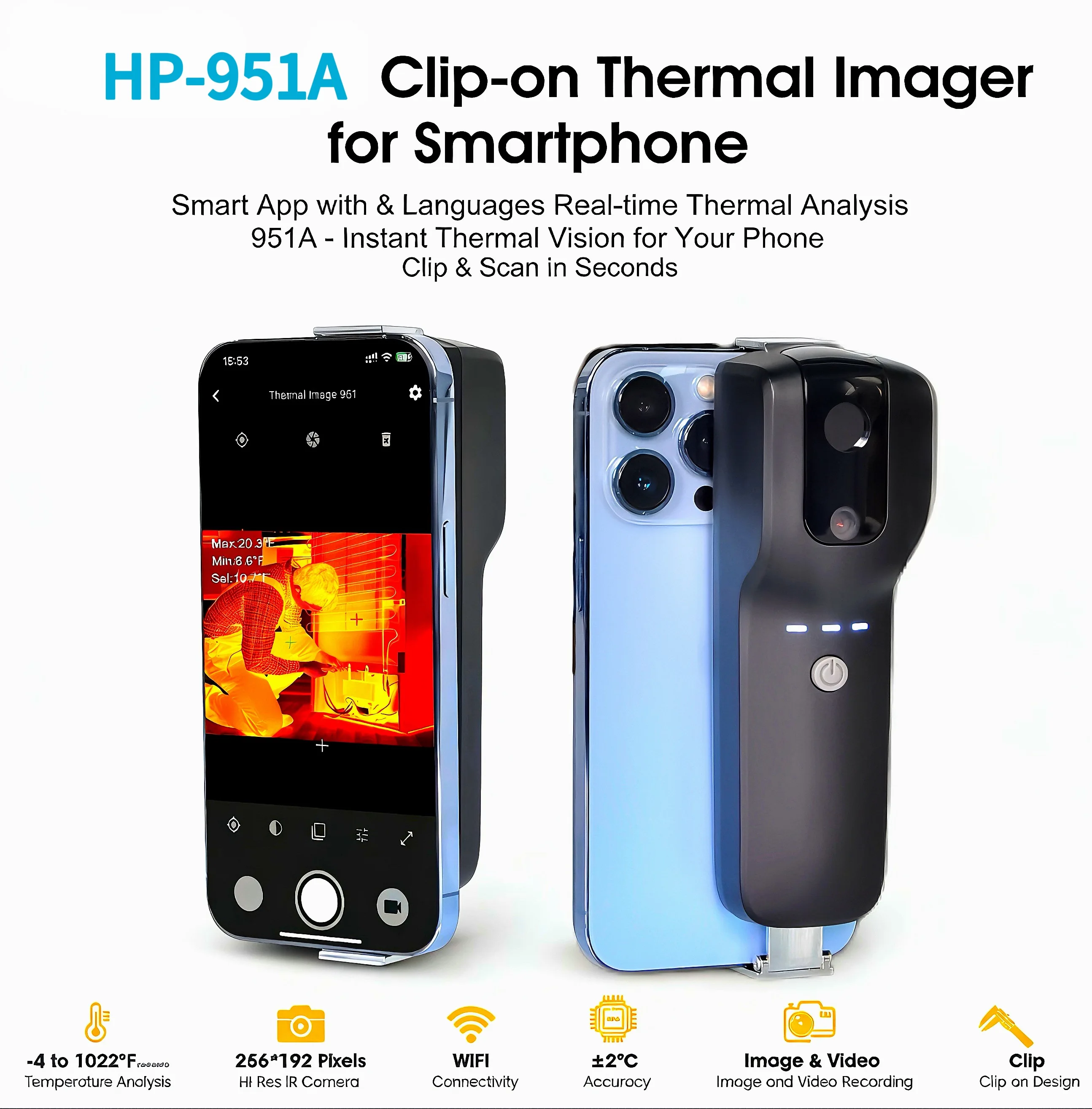 

Portable WIFI Thermal Camera 951A for iOS/Android -20℃ to 550℃ High Precision Infrared Imager with 12fps Image Rate