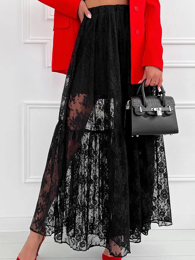 Jupe longue en dentelle pour femmes, ample et décontractée, taille haute, ligne a, longueur au sol, robe à gros volants, Collection d'été