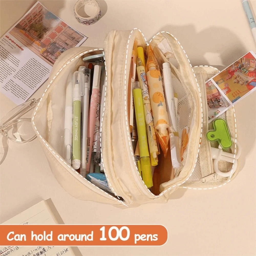 Portable Large Capacity Pencil Bag Multi-layer Solid Color Pen Pouch Pencil Case Students Supplies