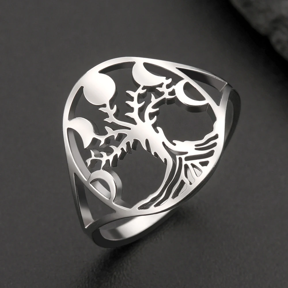 Dawapara Moon Phase and Tree of Life Women Ring Lunar Goddess Symbol Wiccan Lucky Amulet Stainless Steel Pagan Jewelry