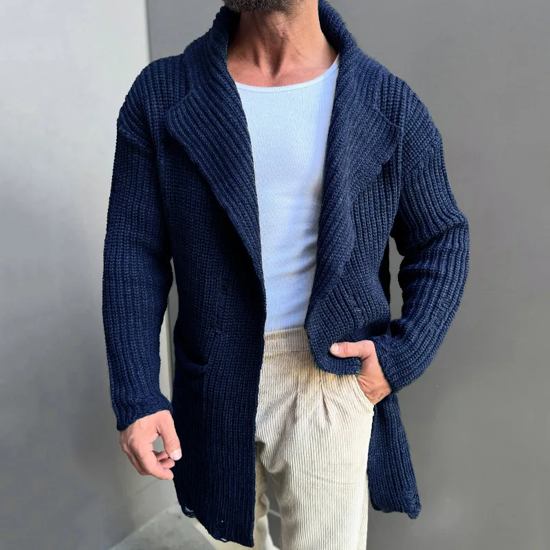 Vintage Casual Mens Knitted Cardigan Jacket Spring Autumn Lapel Pocket Hooded Knit Coats Design Trendy Outerwear Sweatercoats