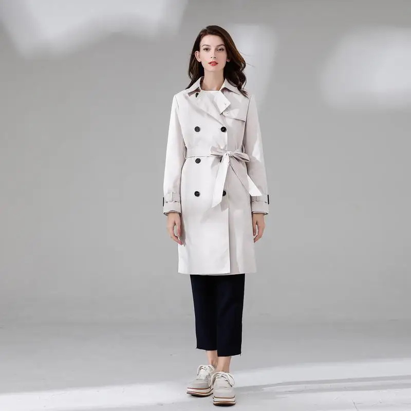 

Classic Retro Double-Row Button Long Women's Coat Elegant British Style Straight Cut Polyester Fiber Long Sleeve Autumn Coat