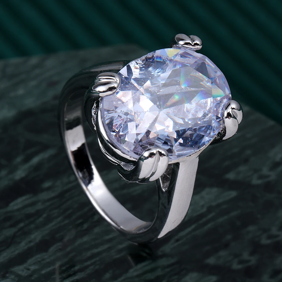 

New oversized white oval crystal ring, suitable for women's fashion parties, rhinestone cocktail ring, open style jewelry