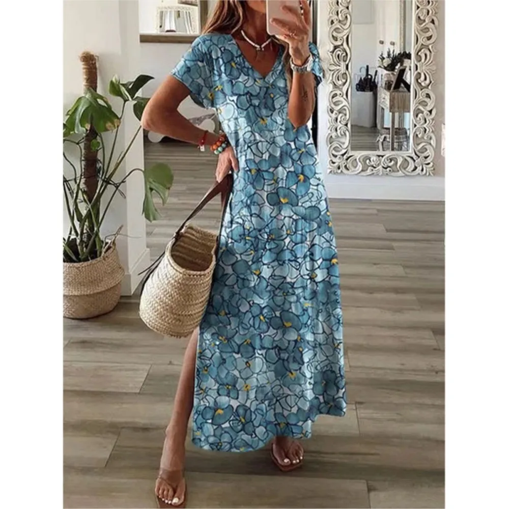 Vintage Blumen elegantes Maxi kleid für Frauen Sommer mode V-Ausschnitt Kurzarm Split Boho langes Kleid Party Strand kleider