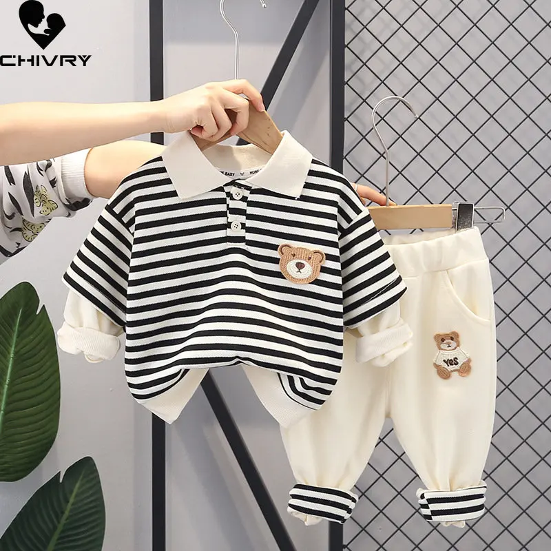 Boys Fashion Clothing Sets New 2023 Baby Boy Spring Autumn Cartoon Bear Striped Lapel Shirts Tops with Pants Kids Casual Clothes