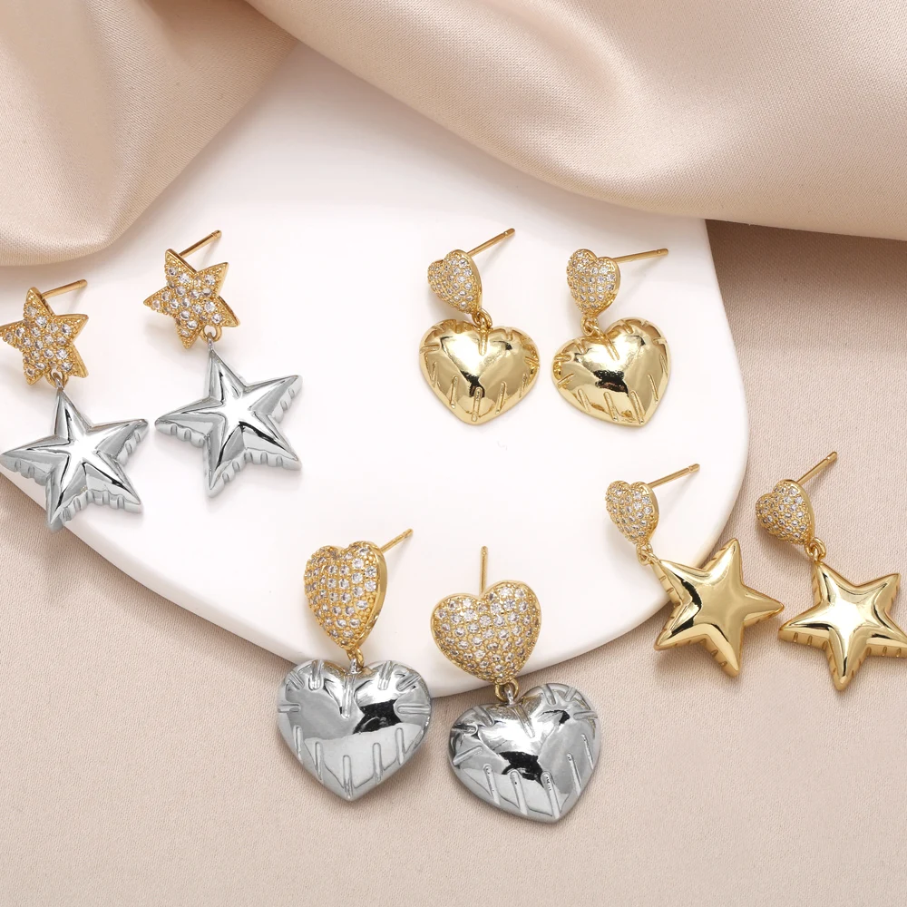 FLOLA Gold/Silver Color Balloon Bubble Heart Earrings for Women Gold Plated Star Dangle Earrings Simple Jewelry ersa245
