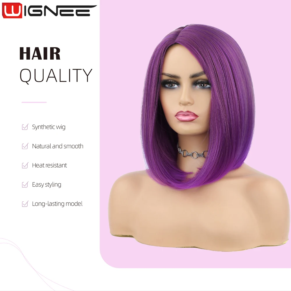 WIGNEE – perruque synthétique courte, lisse, violet foncé, pour femmes noires, Blonde, Bob, de haute qualité, résistante à la chaleur, Cosplay