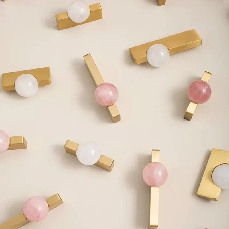 New Light Luxury Cabinet Door Handle High End Brass Wardrobe Kitchen Handle Natural Crystal Ball Shoe Cabinet Drawer Long Handle