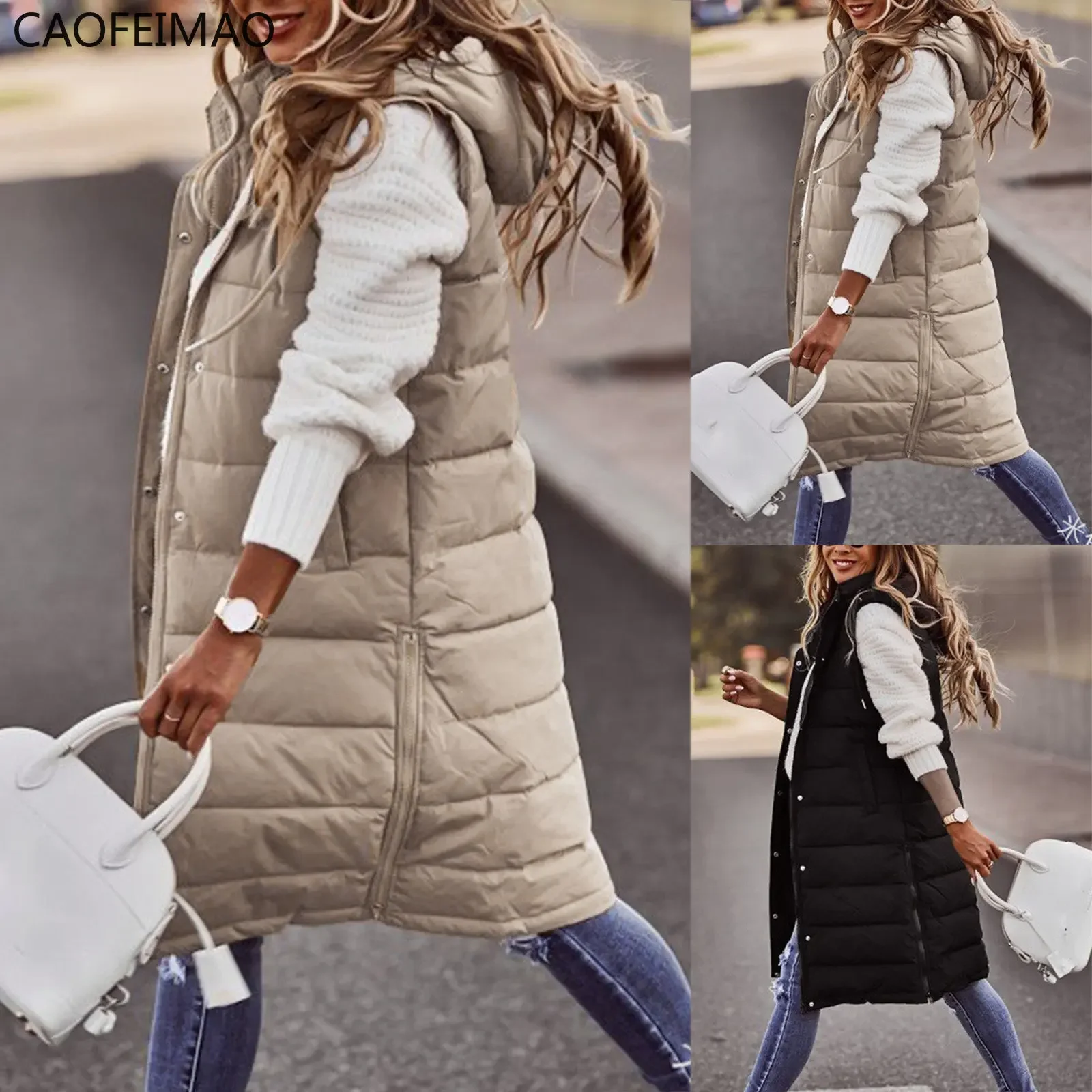 Sleeveless Winter Jacket Women 2023Midi Coats Down Vest Keep Warm Elegant Black Hooded Street Hipster Lady Cotton Overcoat