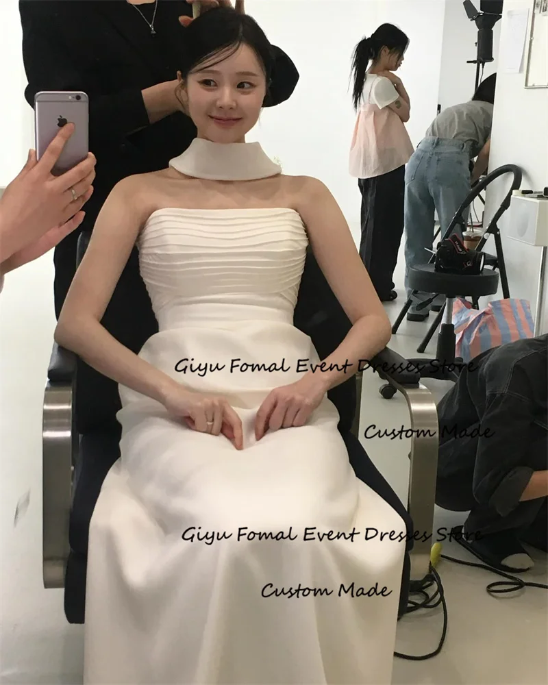 Giyu Elegant Pleats Silk Satin Wedding Dresses Korea Photoshoot Scalf Strapless Floor Length Bridal Gowns Corset Back