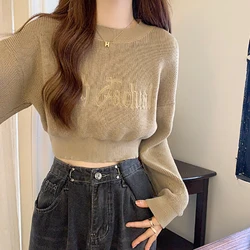 Autumn Women Letter Embroidery Round Neck Long Sleeve Loose Sexy Short Knitted Sweater