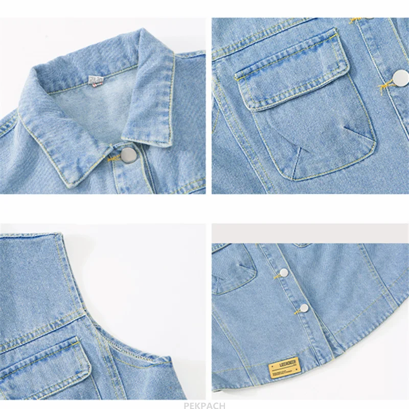 2025 Girls Light Blue Denim Waistcoat with Pocket Kids Fashion Street Style Outerwear Clothing Children Retro Denim Vest Jacket