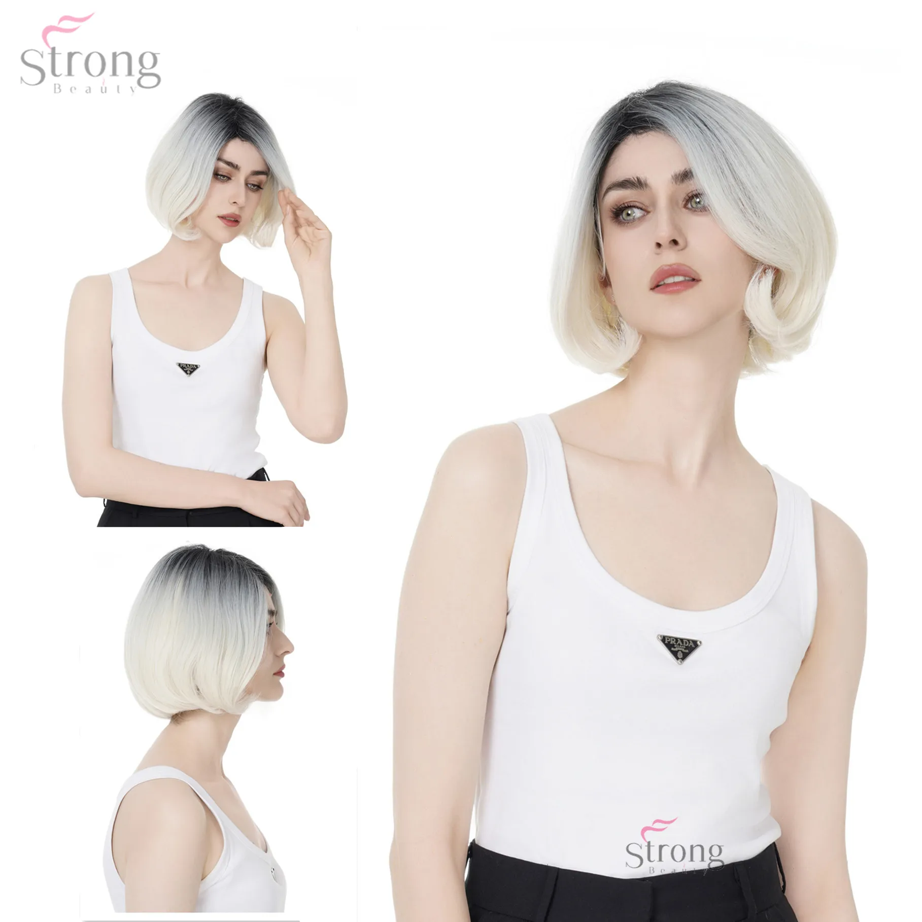 

Women's Wig Bob Synthetic Hair Platinum Dark root Medium Straight Natural OmbreWigs