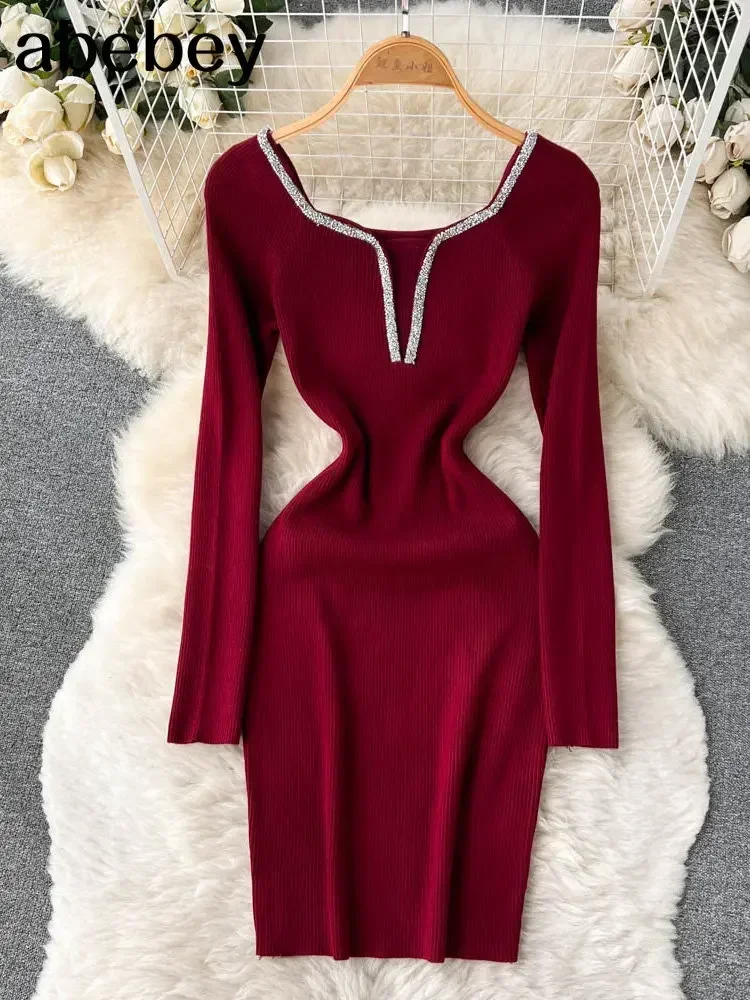 Retro Slim Bodycon ชุดถักอารมณ์แขนยาวยืดเสื้อกันหนาว bodycon สแควร์ผู้หญิงฤดูหนาวชุดสั้น