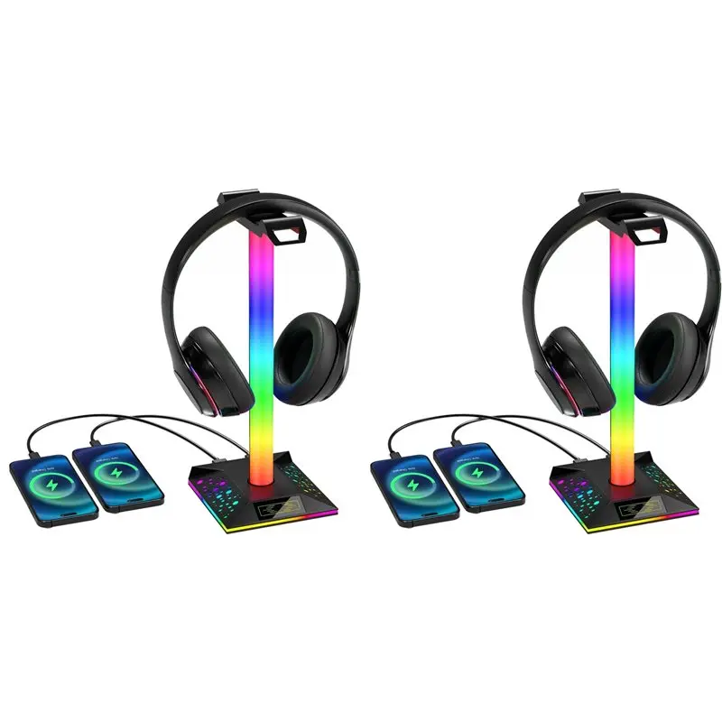 

【SURPIRE】2X Подставка для игровых наушников с RGB-подсветкой, двумя USB-портами и аудиовходом 3,5 мм, сенсорная подставка-светильник для наушников