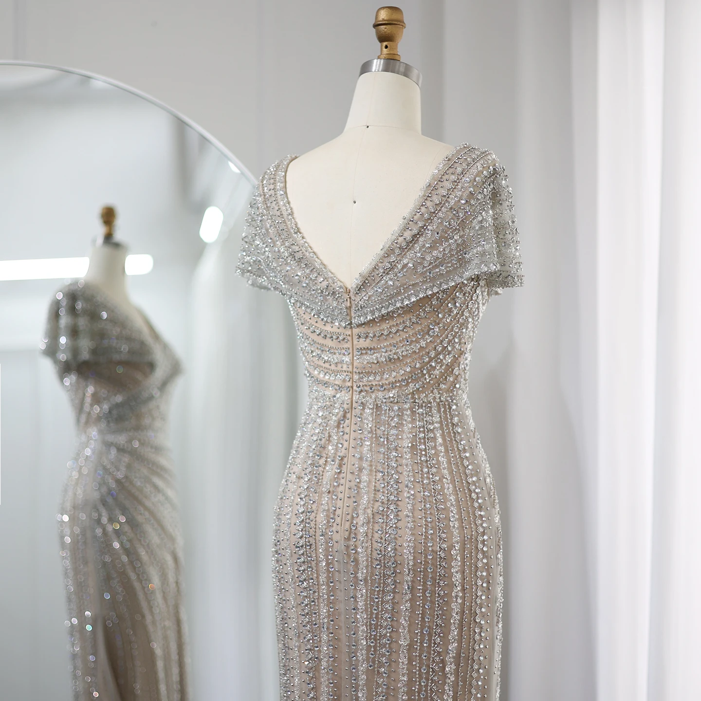 Sharon Said Luxuriöse Dubai Silber-Nude Abendkleider für Hochzeiten, Meerjungfrauenkleid mit Kapärmeln, Arabisches Formelles Partykleid SS045 Maßanfertigung – Detail 9