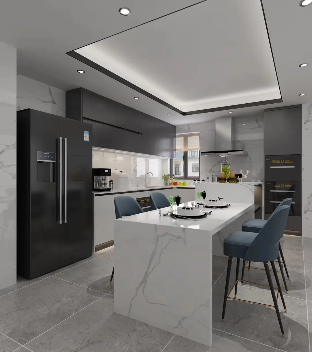 

2024 Customized Black Modern Kitchen Cabinets Lacquer Contemporary Kitchen Furniture With Island