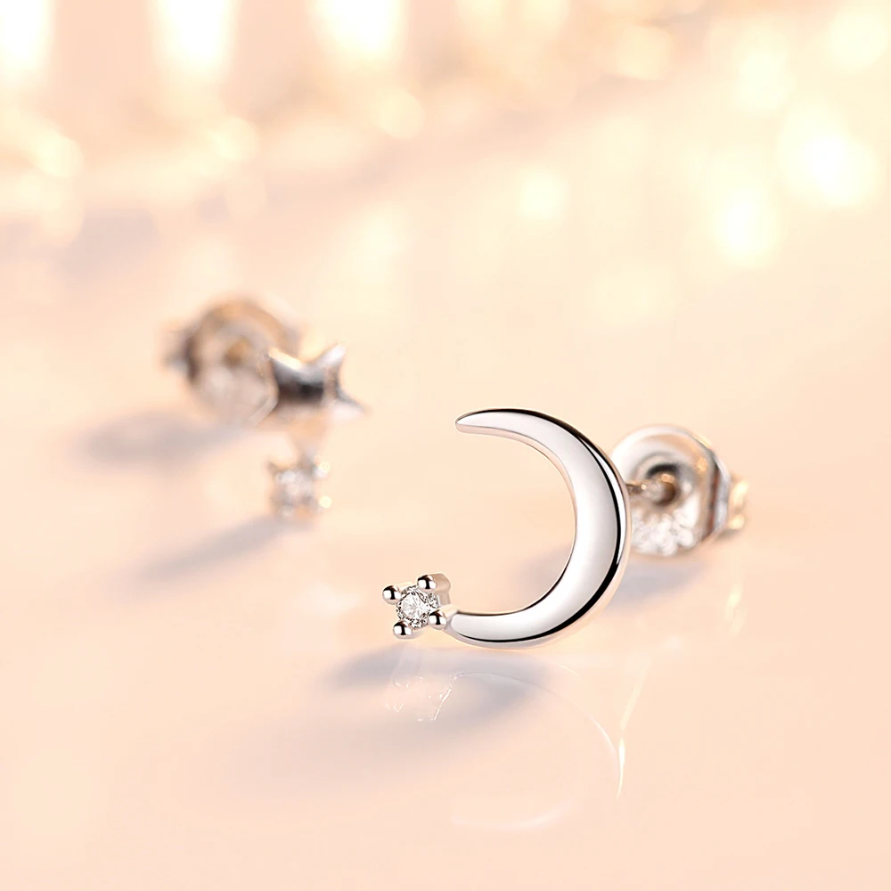 Real 925 Sterling Silver Jewelry Fashion High-qaulity Crystal Asymmetrical Moon Star Stud Earrings For Woman New XY0242