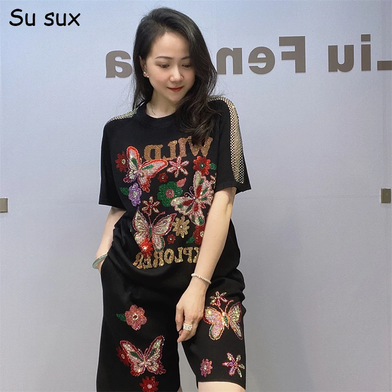 

Butterfly Sequins Hollow Out Knitted Short Pants Women Outfits Y2k Clothing 2024 Summer Tracksuit Short Sleeve T Shirt Matching