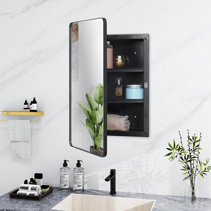 

Plastic Black Medicine Cabinet, Beveled Edge Mirror Door with Round Corner Metal Frame, Recessed and Surface Mount Bathroom Medi