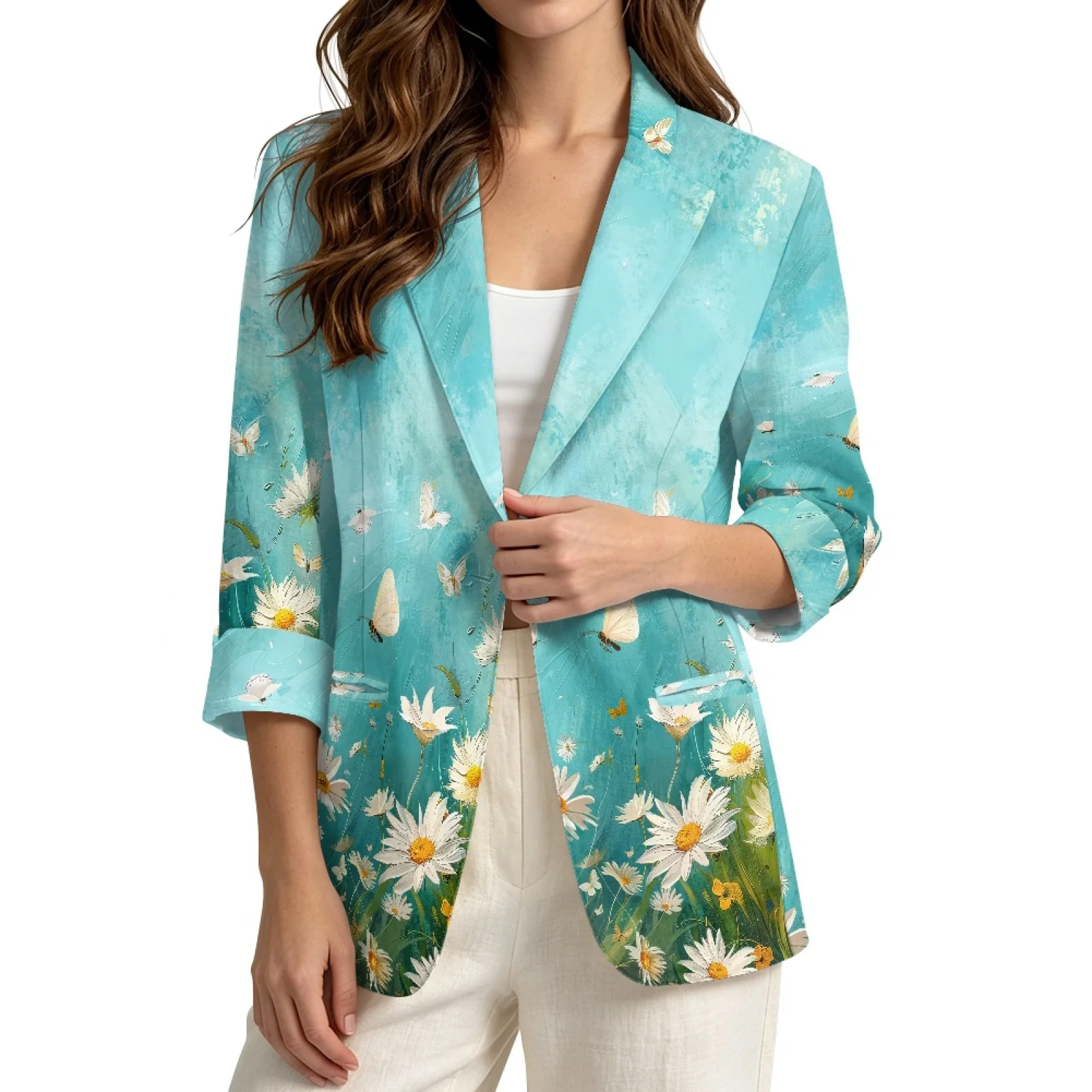PENSTROLL Butterfly Daisy Linen Like Outerwear Cardigan Jackets for Women Loose Beach Cover Ups