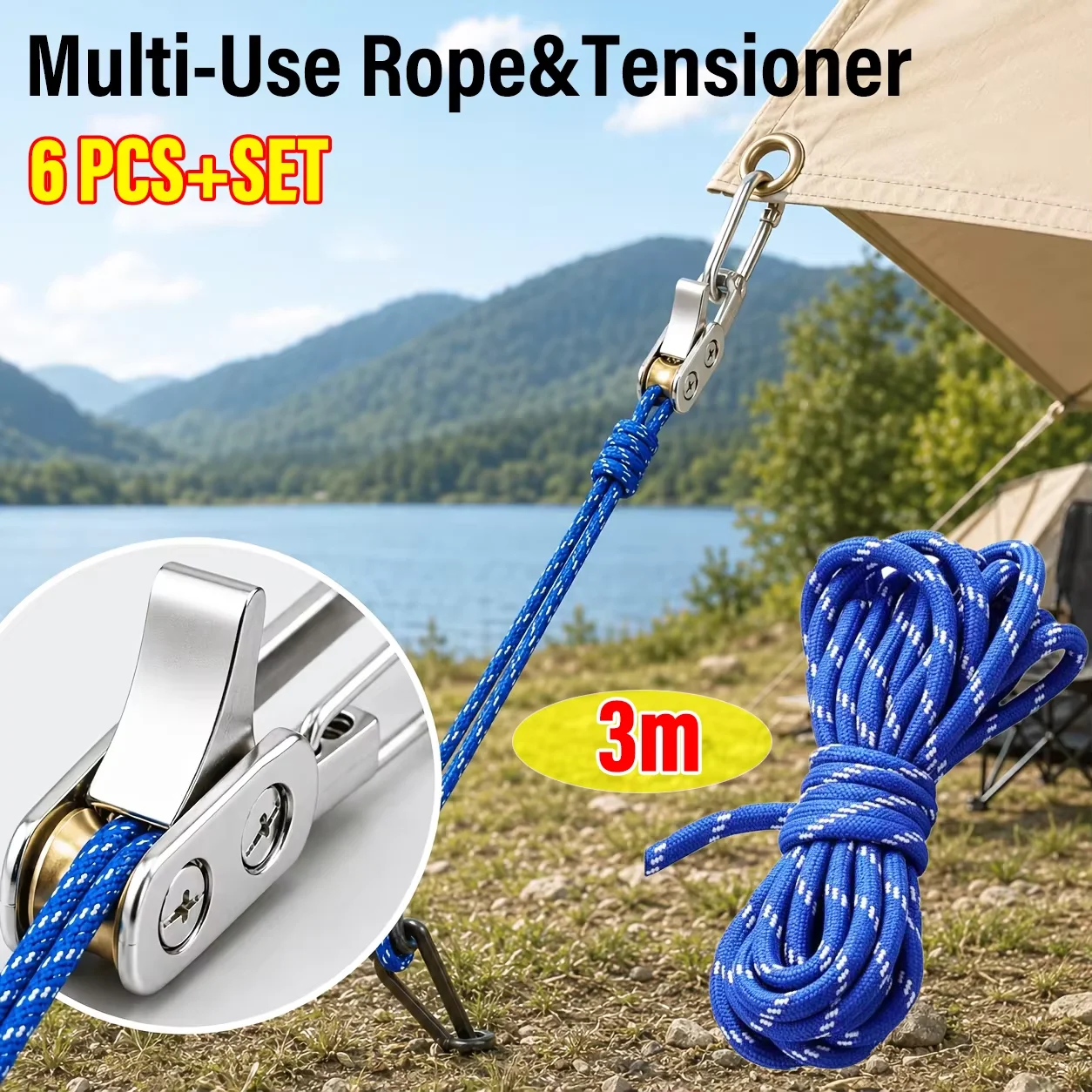 3M Rope Tightening Tool & Tensioner, Retractable Tie Down Rope, for Camping,tarp, Tent, Hammock,boating & Outdoor Gear Securing