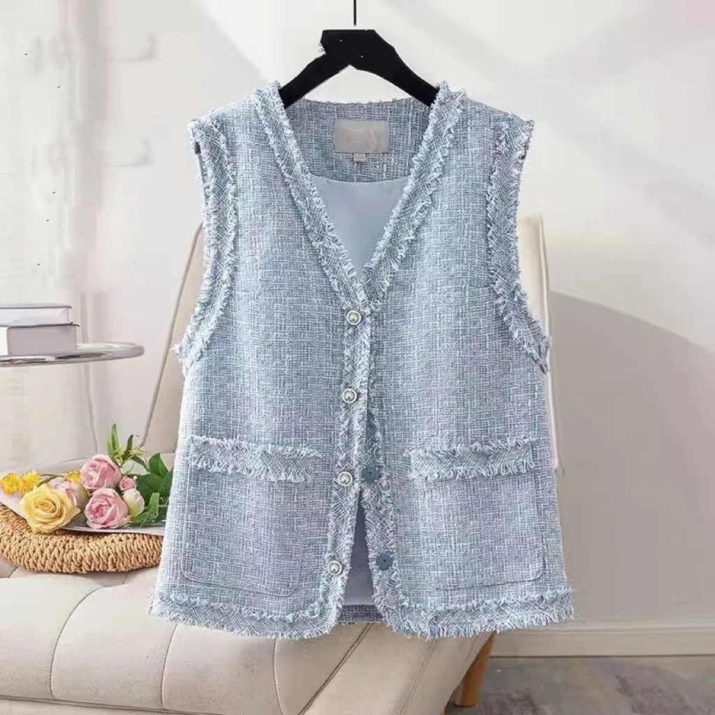 

Spring Autumn Small Fragrance Jacket Women Tank Top V-Neck Single Breasted Sleeveless Vest Coat Female Waistcoat Chaleco Mujer