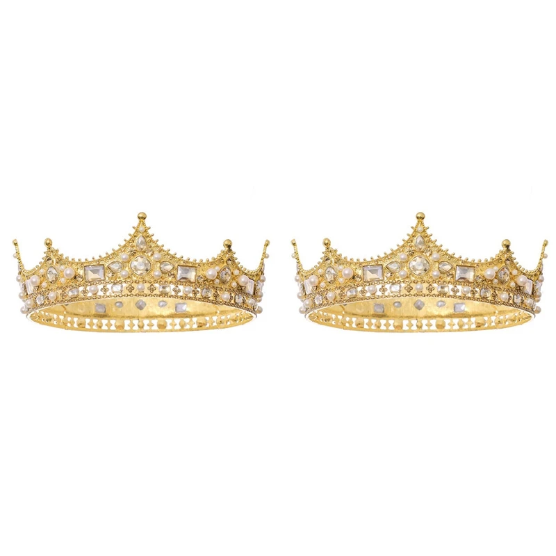 2X King Crown For Men Costume Accessory Prom Tiara Baroque Vintage Crystal Pearl Bridal Wedding Tiaras(Gold)