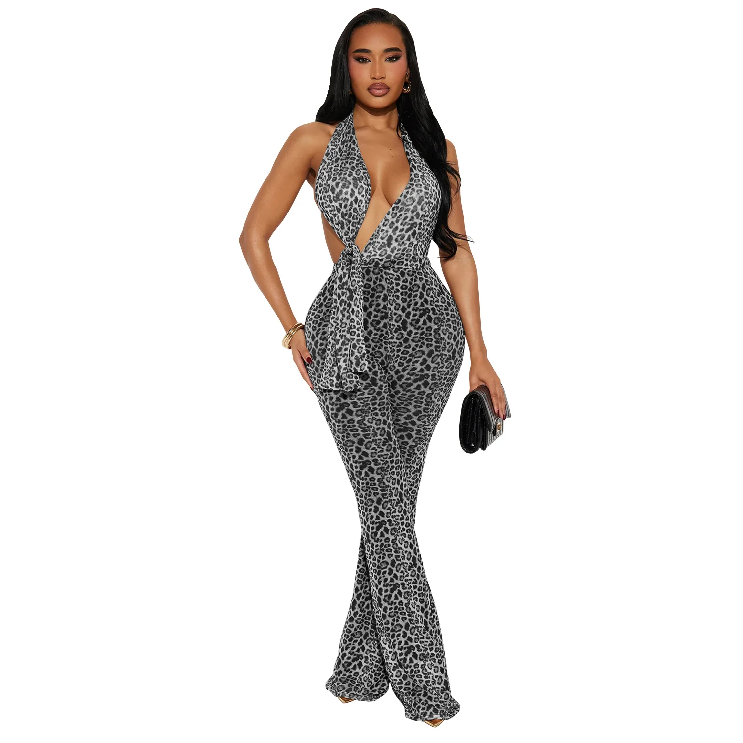 2025 Women's Fashionable and Sexy Hot Girl Hanging Neck Tie Tight Print Leopard Print Backless Hip Lifting Jumpsuit