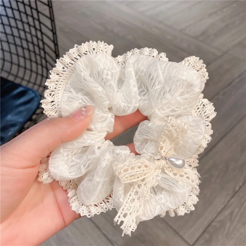 New Cotton Linen Hollow Embroidered White Large Intestine Hairband Girls Hair Ties Hair Ring For Women Hair Accessories