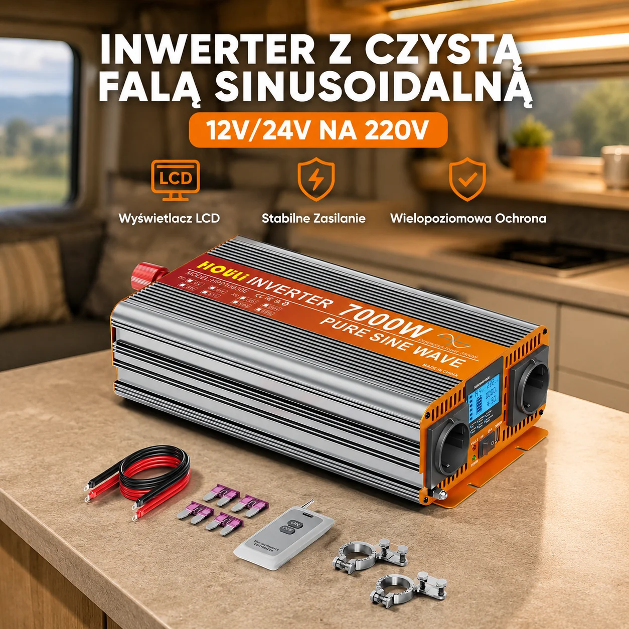 HOULI Wechselrichter 12V 230V Reiner Sinuswellen-Filter LCD-Display Fernbedienung für Wohnmobil