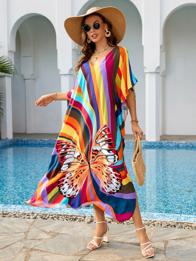 Beach Cover Ups for Women Butterfly Kaftans Maxi Dresses Swimwear 2023 Holiday Bathing Suits Outfits Dropshipping