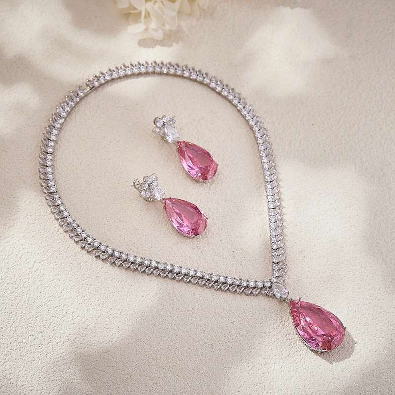 Pure 925 Sterling Silver Jewelry For Women Pink Water Drop Wedding Jewelry Set High Quality Earrings Necklace Party Fine Jewelry
