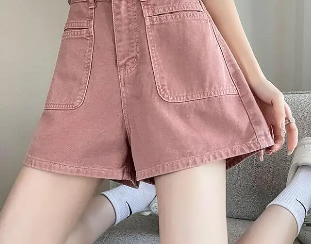 Pink Denim Shorts Women\'s Summer Wide Leg Pants High Waisted A-line Loose Hot Pants