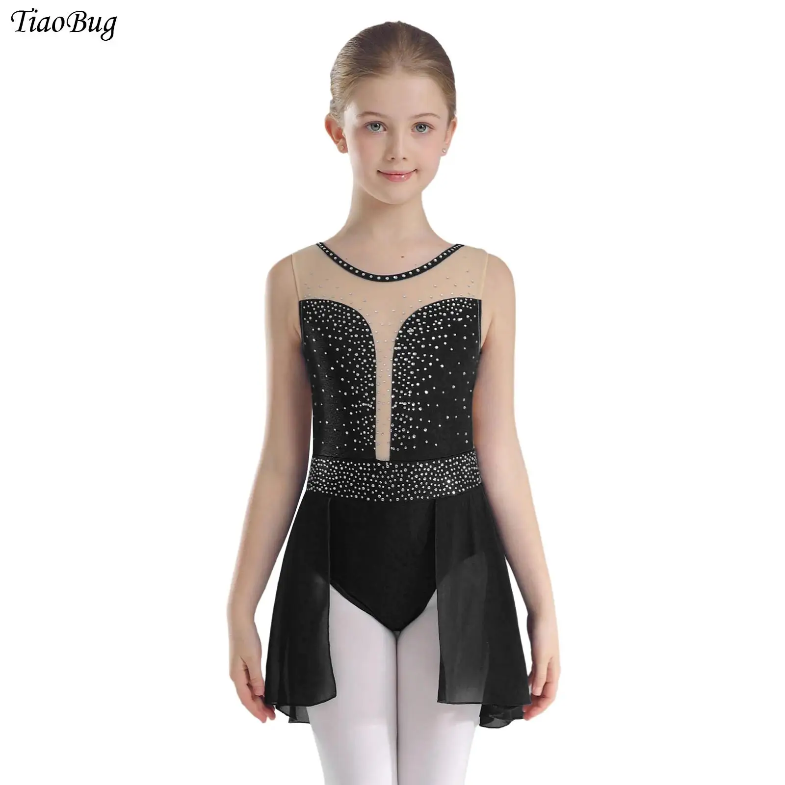 

Girls Ballet Lyrical Dance Leotard Dress Kids Sleeveless Rhinestones Skirted Leotards for Figure Skating Performance Dancewear