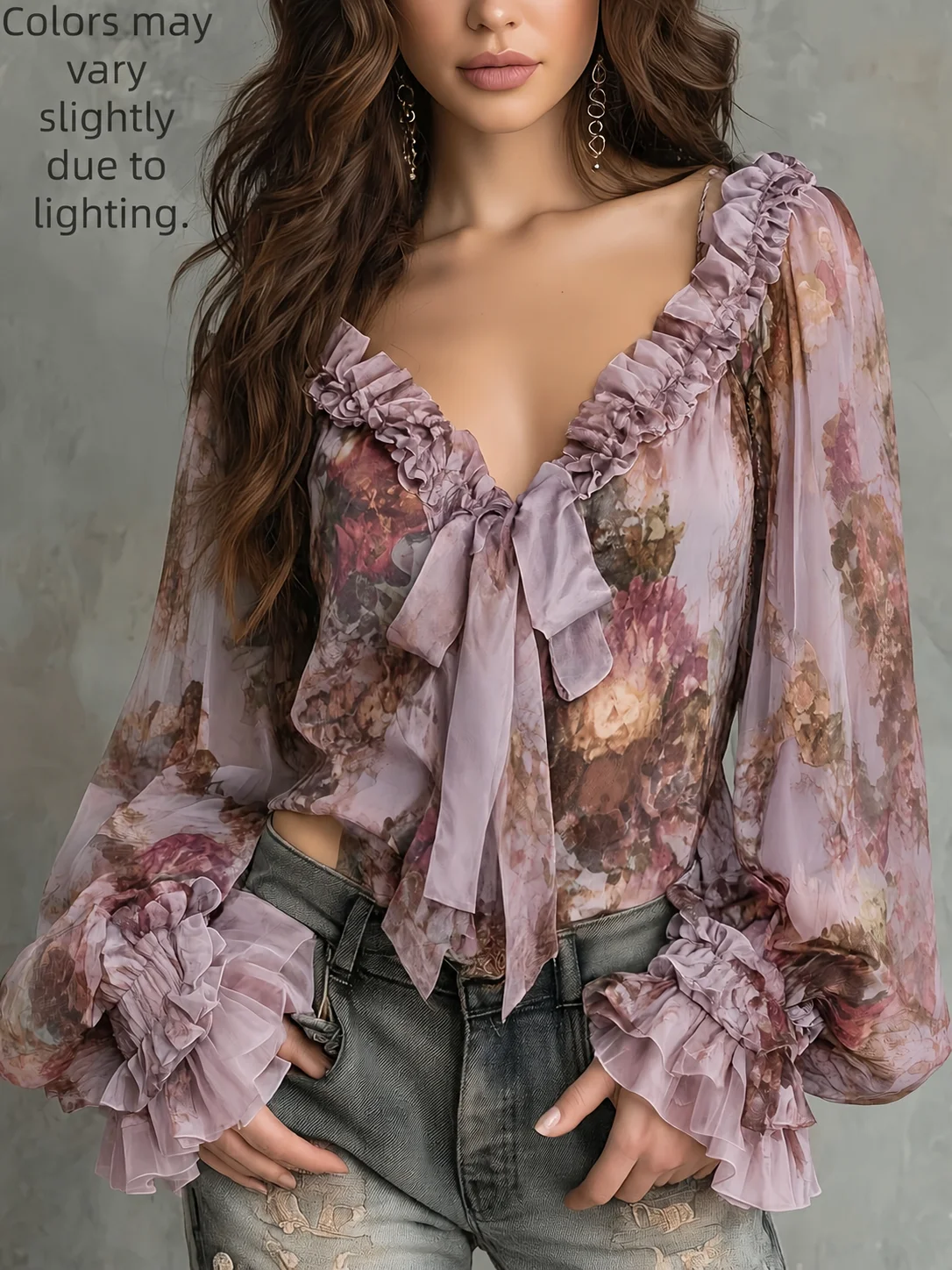 Damen Vintage Blumenmuster V-Ausschnitt Bluse mit Glockenärmeln Chiffon-Top Elegante Retro-Mode – Detail 12