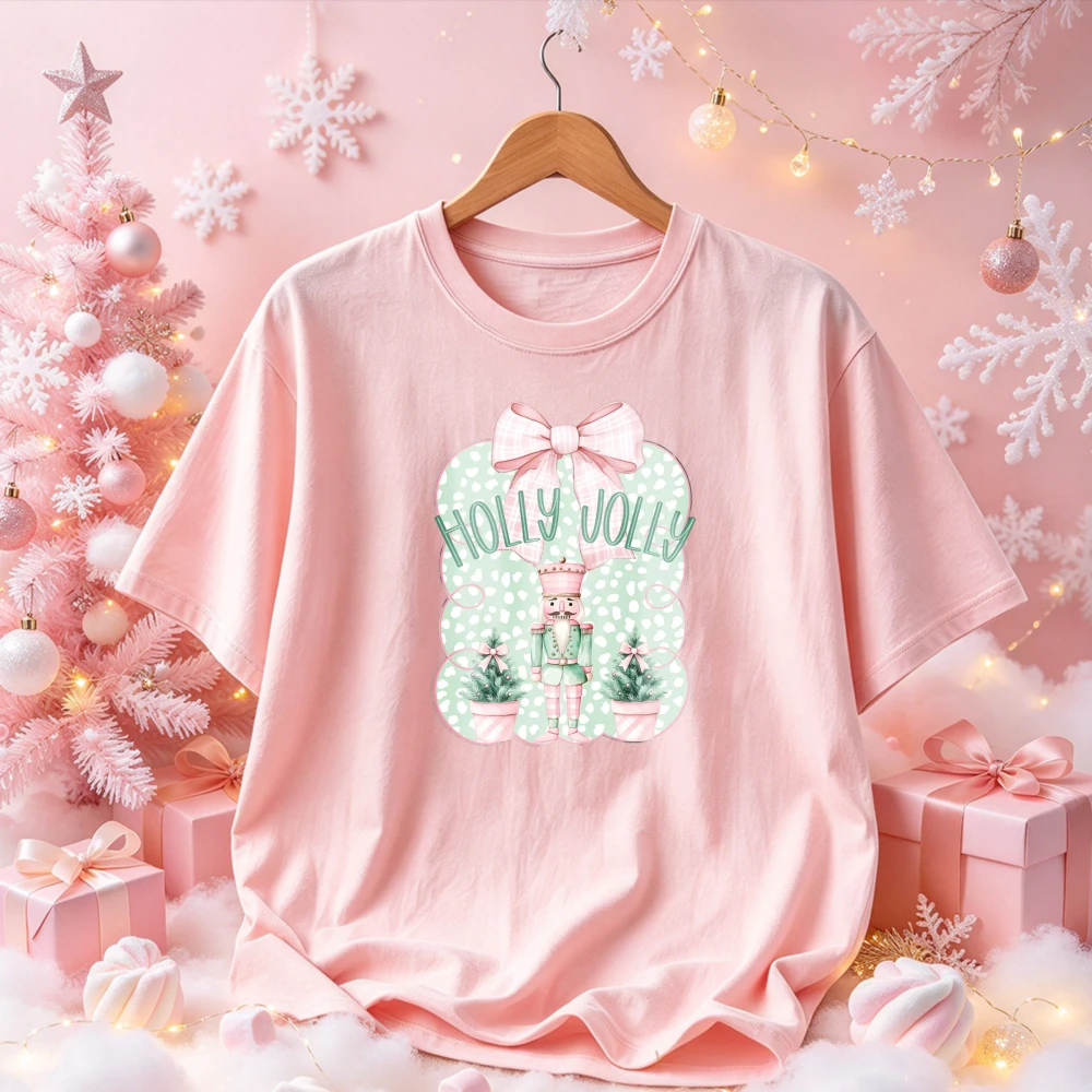 Holly Jolly Nutcracker Graphic Tee Pastel Pink Bow Green Polka Dot Nutcracker Soldier Mini Christmas Tree Print Xmas Casual Tops