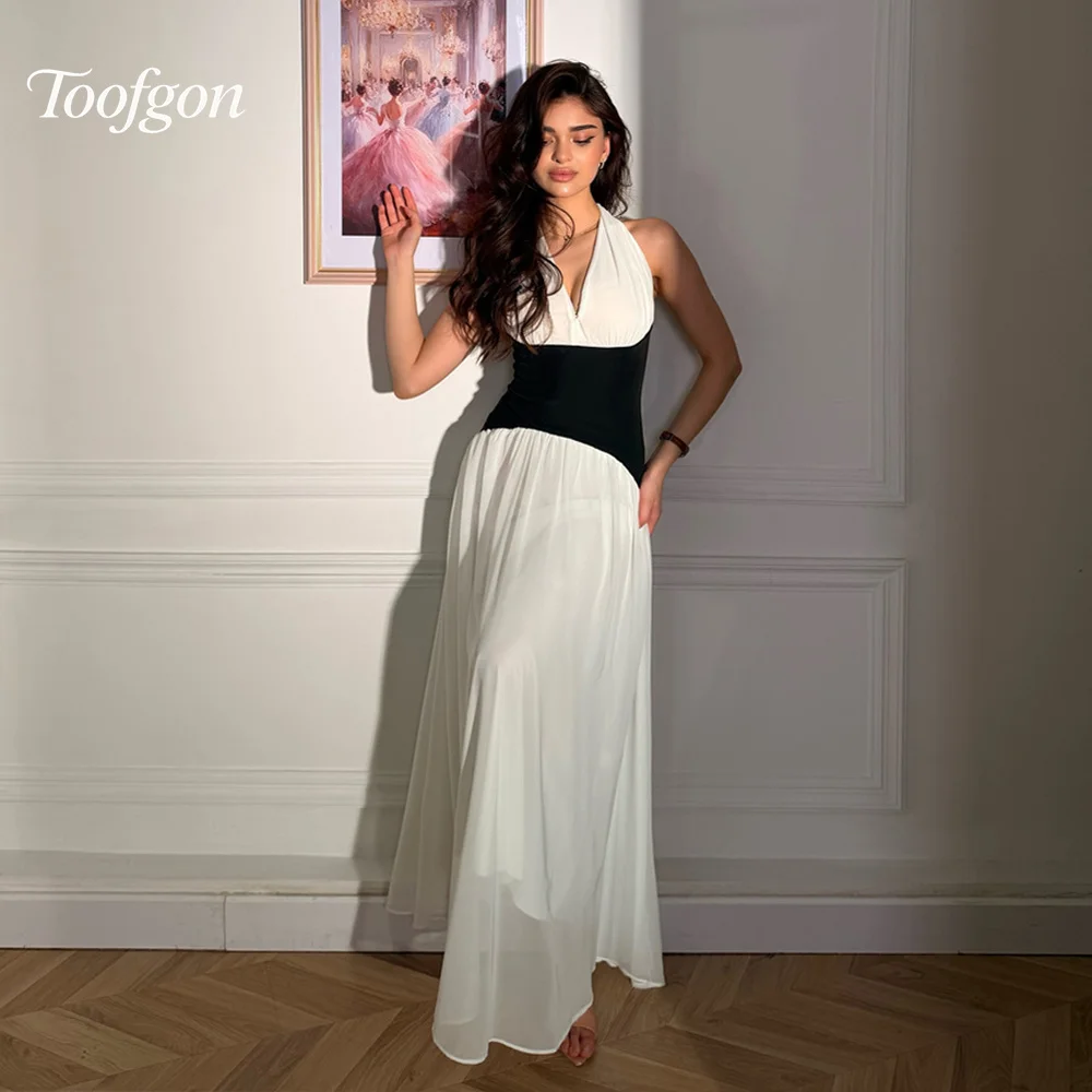 Toofgon Black White Halter Neck Prom Dress Chiffon Sleeveless Elegant Evening Gonws Long A Line Robe De Soirée Femme Customized