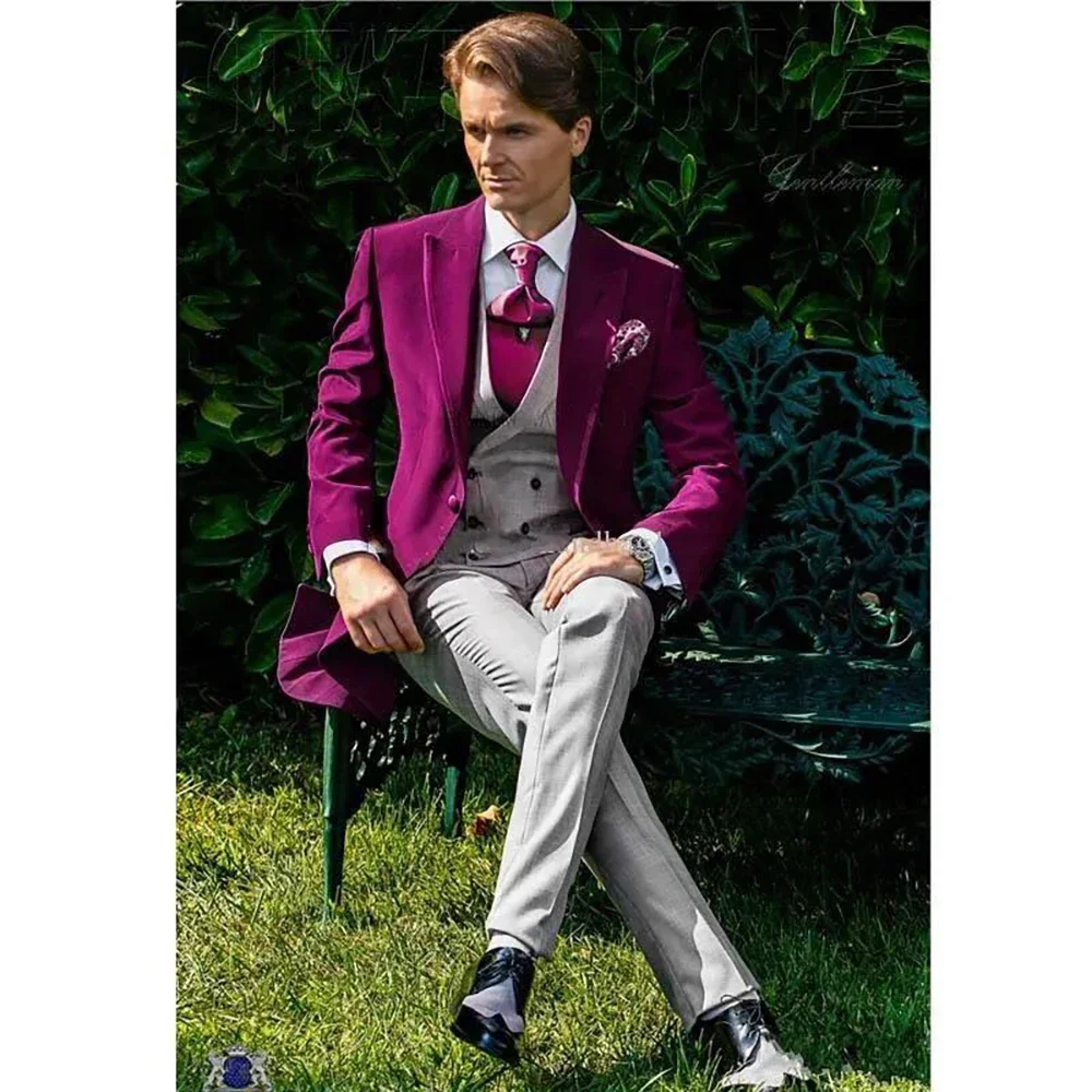 

3-piece Custom Fashion Wedding Suits Men Purple Coat Grey Vest Pants Slim Fit Formal Pointed Lapel Male Leisure Blazers