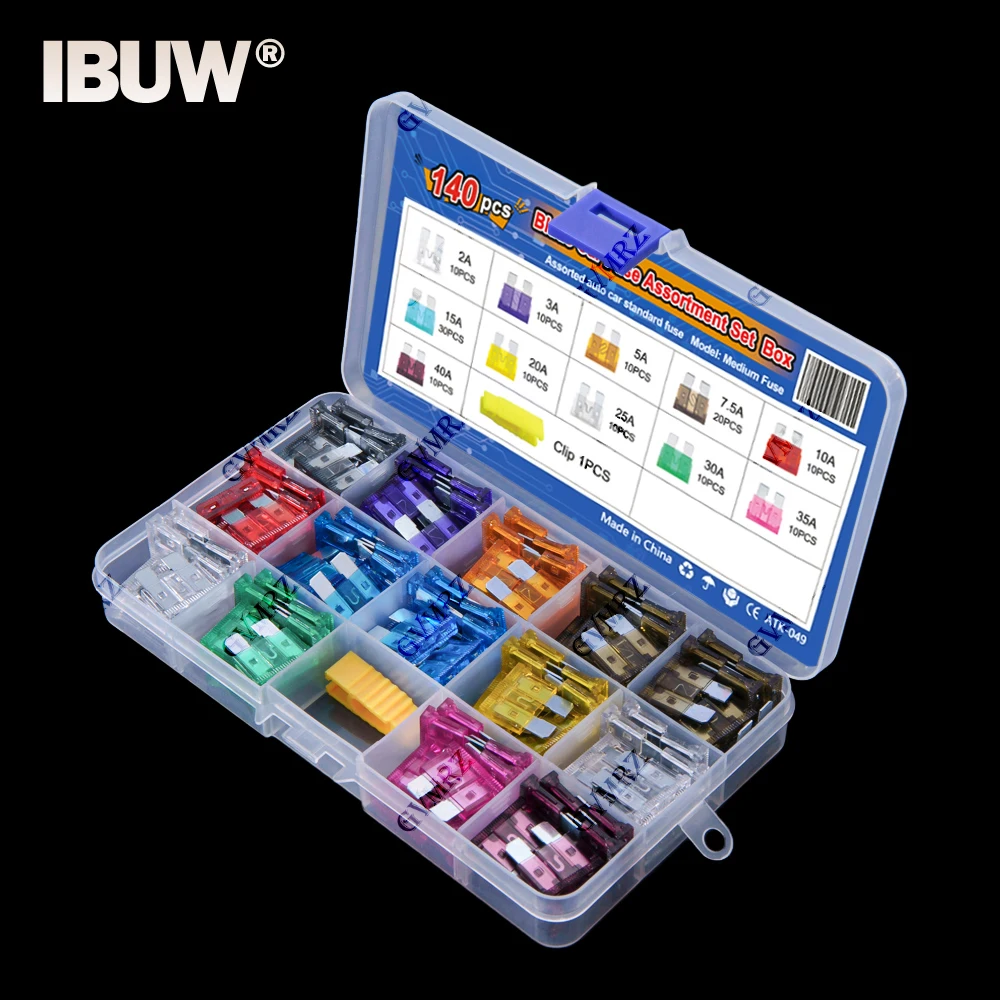 

140 шт. автомобильные предохранители среднего размера, автомобильный микропредохранитель лезвия в коробке, предохранитель 2A/3A/5/A/7,5A/10A/15A/20A/25A/30A/35A