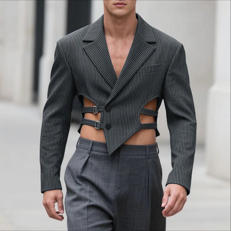 INCERUN Men Irregular Blazer Striped Lapel Long Sleeve Hollow Out Male Suit Streetwear Button 2025 Fashion Casual Crop Blazer
