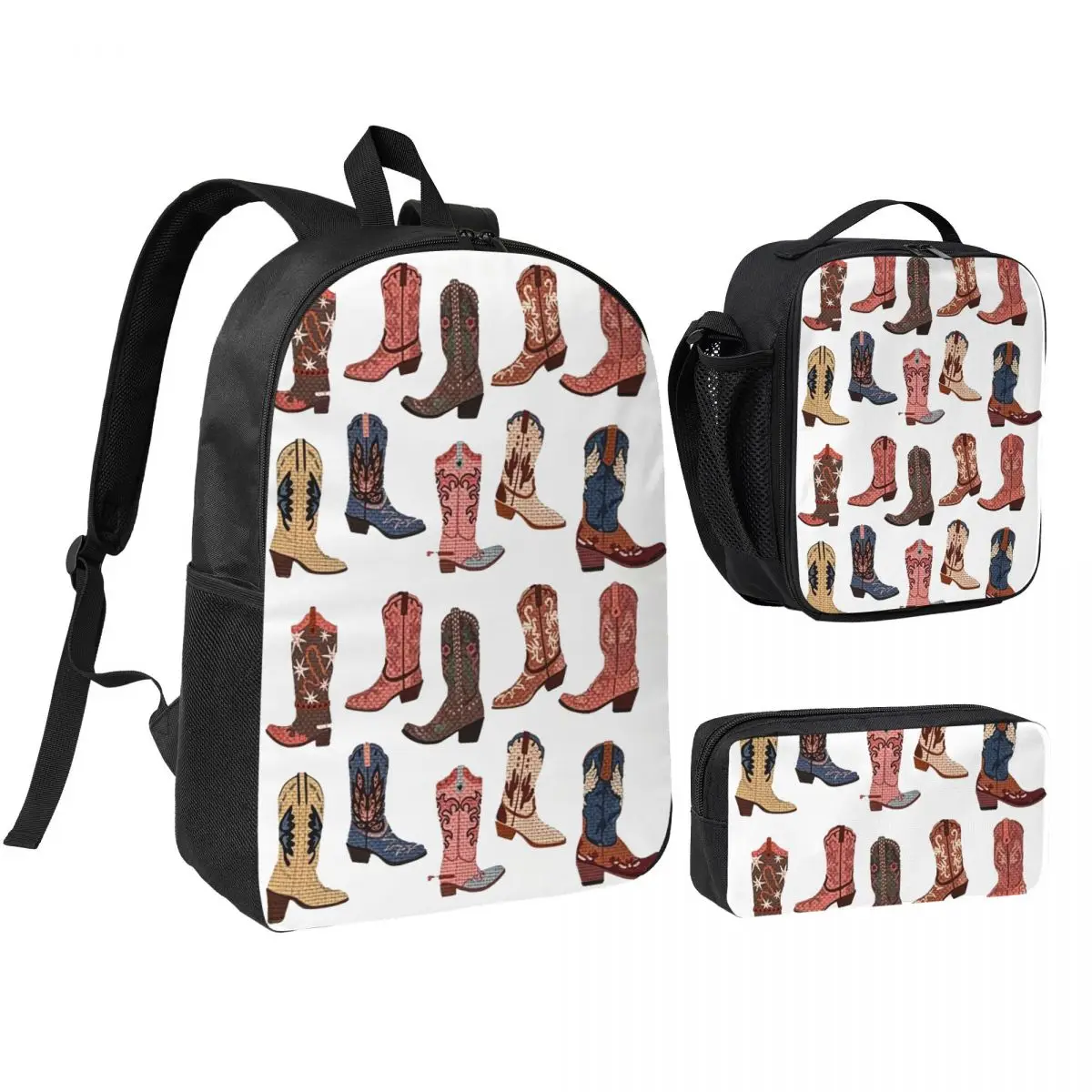Western Style Boot Pattern Backpack Student BookBag School Bag Shoulder Bags 3ps Insulated Lunch Bag Pencil Case