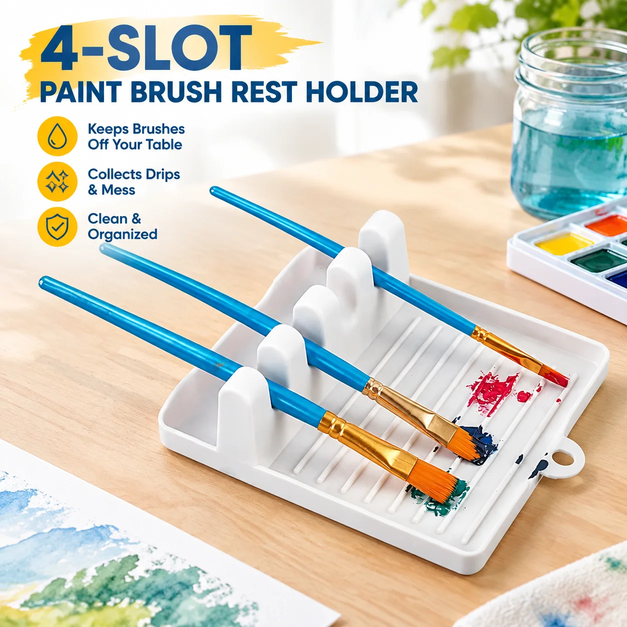 4-Slot Paint Brush Rest Holder White Plastic Drip Tray for Watercolor Oil Acrylic Painting Artists