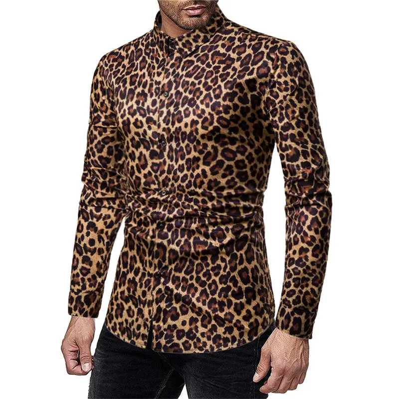 

2026 New Youth Fashion Yellow Leopard Print Long-Sleeve Shirts for Men,White Leopard Print Casual Men's Camisa,Euro Large Size