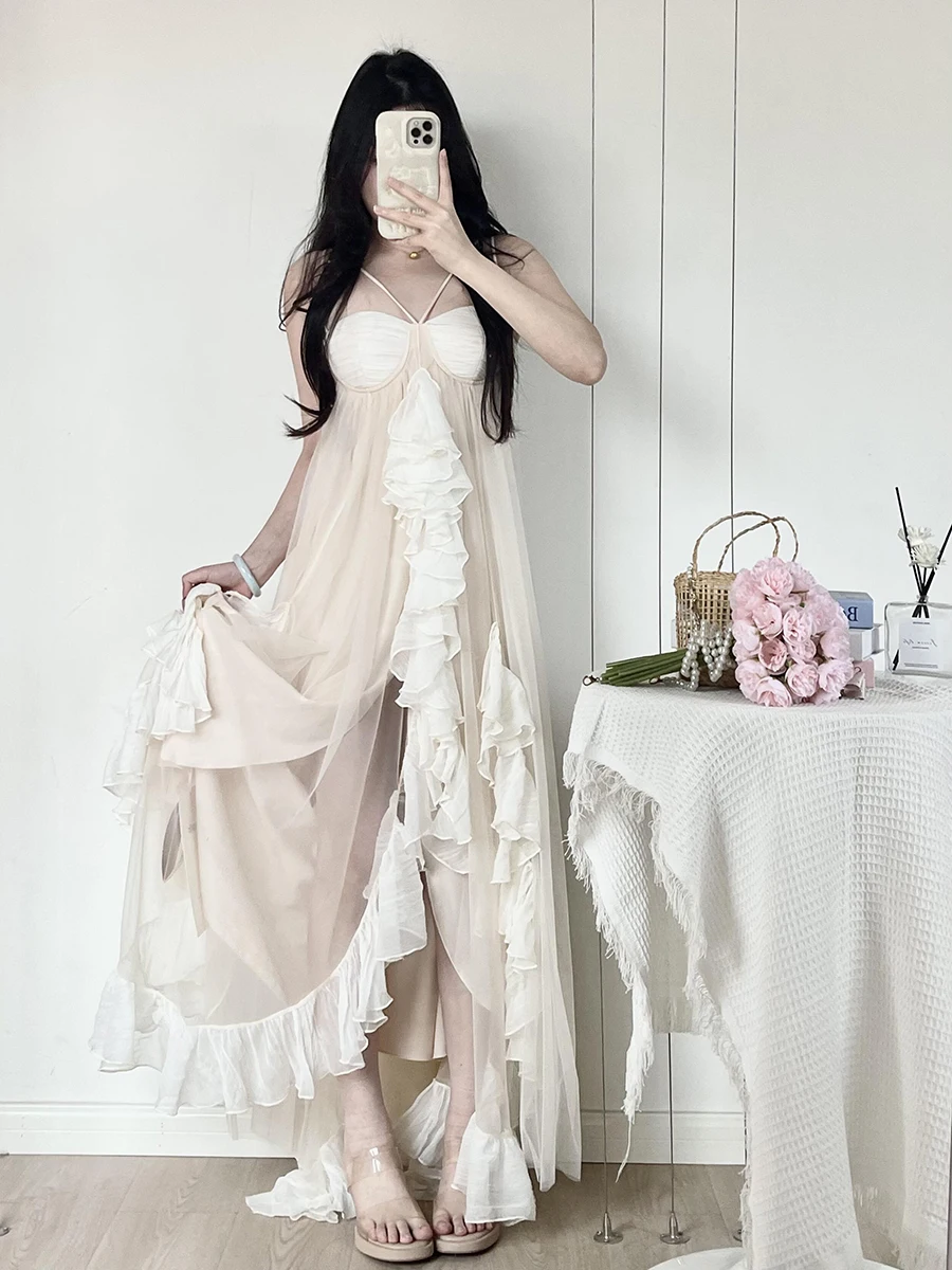 Reddachic fairycore chiffon flowy vestido feminino de uma peça plissado em camadas camisola espartilho maxi vestido longo verão vestido de festa de casamento